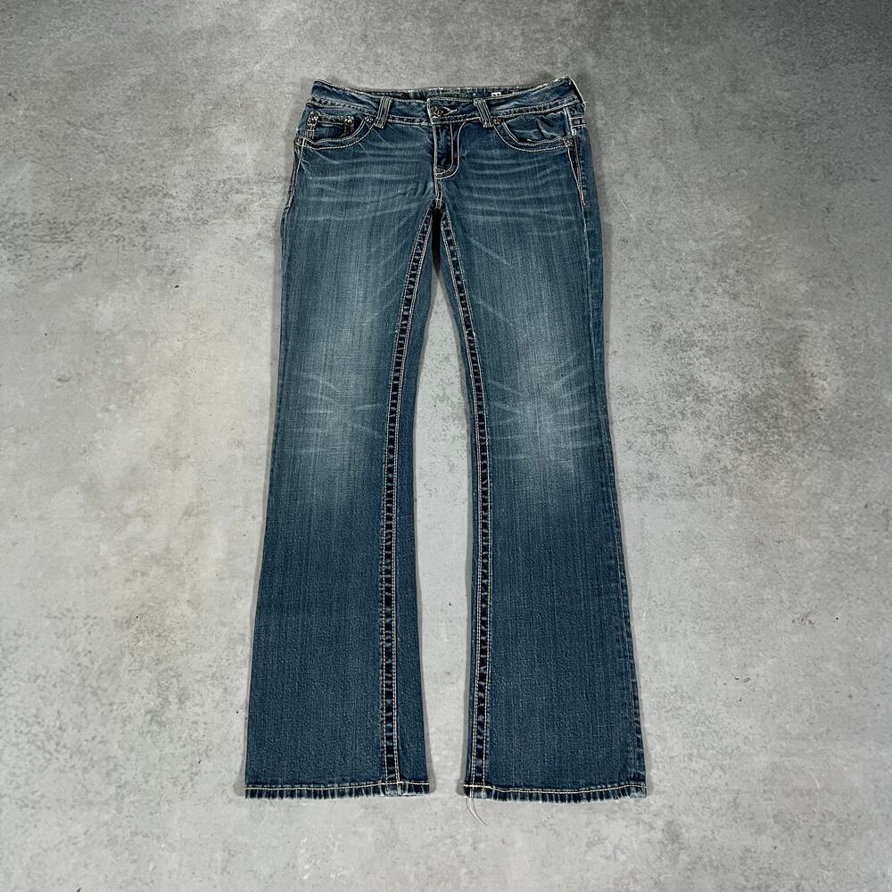 Miss Me Boot Cut Jeans Thick Stitch Embellished Pocket Blue Womens - Size: 31
